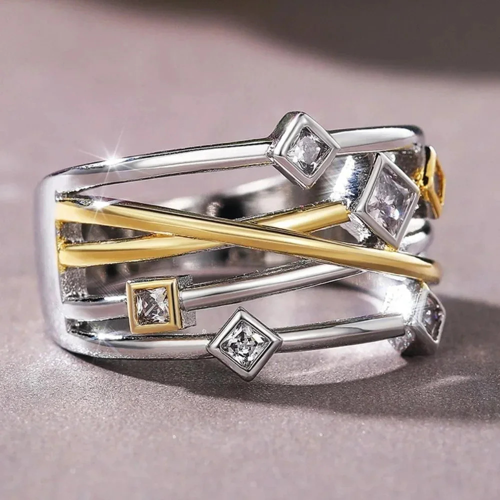 💍 "Multi Layer Glitter Square Shape Zircon Gold  StackableFashioUNVN12118